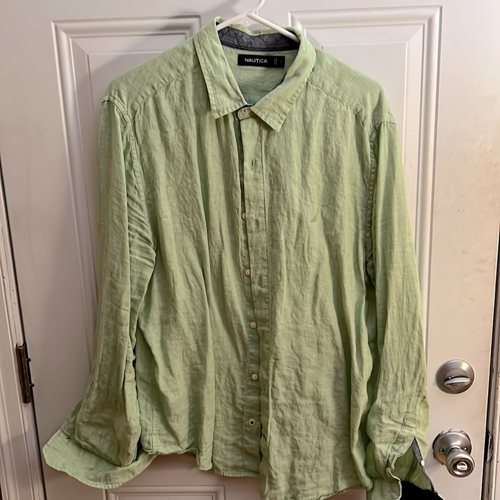 Light green linen button-down shirt